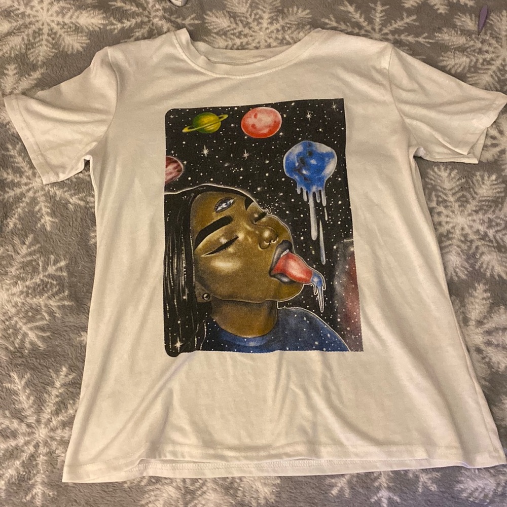 Women's White Black Girl Outer Space Planet Graphic Tee